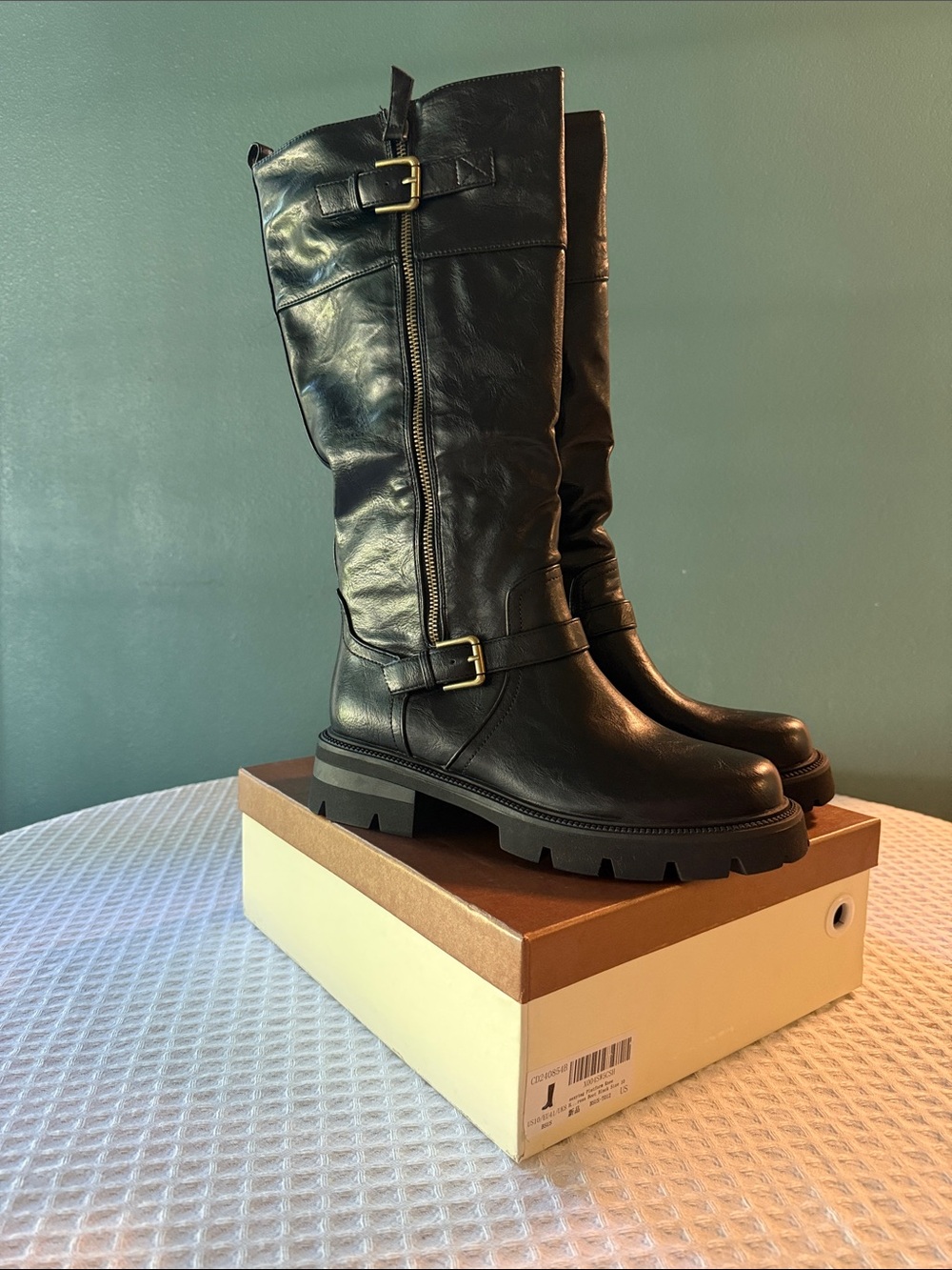 Black Leather Over-the-Knee Lug-Sole Boots